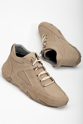 Hakiki Deri Nubuk Erkek Bot Bej Elastik Bağcıklı Saraçlı Taban-3488 Bej