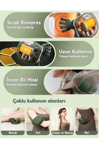 Gerçek El Hissi İle Yoğurma Yapan Isıtmalı Şarjlı Masaj Aleti Boyun Sırt Bel Bacak Kol Masajı Koyu Yeşil