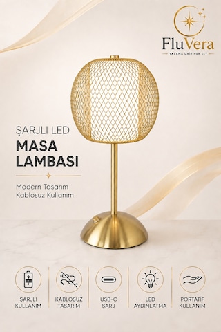 Gold Telli Şarjlı Masa Lambası Kablosuz Led Gece Lambası Usb-c Şarjlı Dekoratif Taşınabilir Lamba Altın