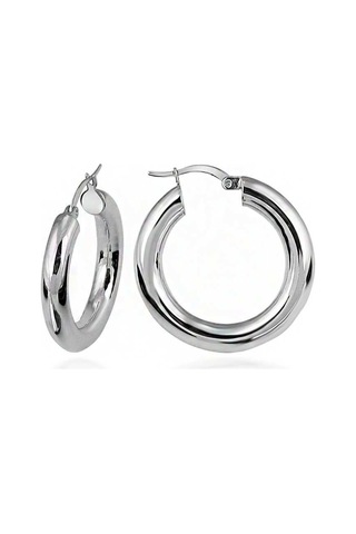 Halka Gümüş Küpe Rodyum Orta Boy Kalın