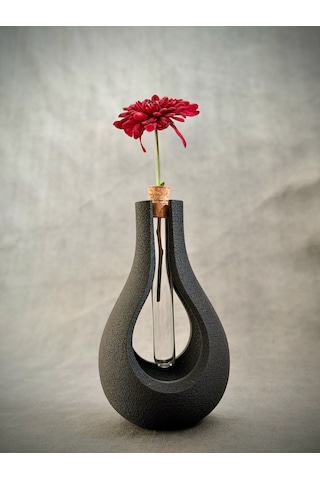 Şık Tasarımlı Cam Tüplü Dekoratif Vazo Minimal Siyah Masa Üstü Çiçeklik 9x9x16 Cm