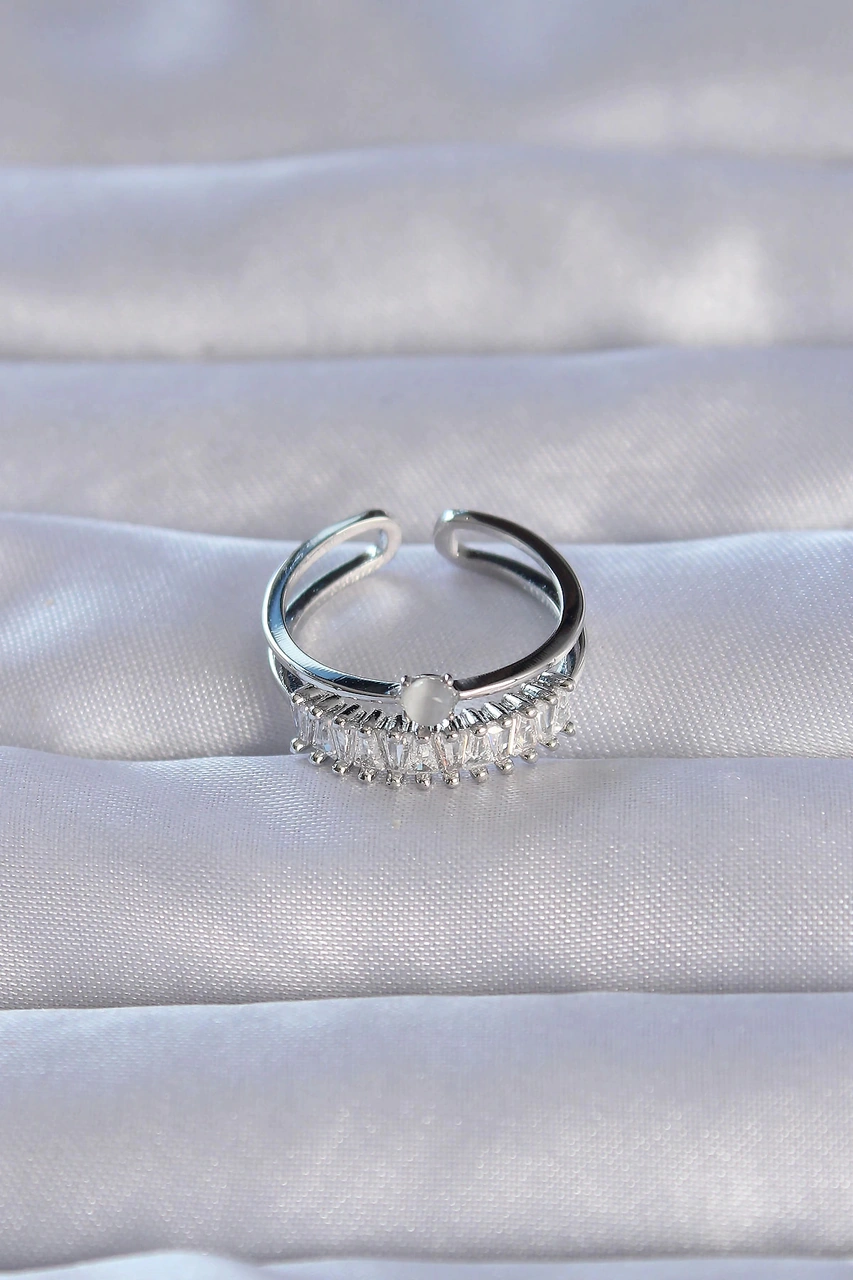 Dodes Pirinç Gümüş Renk Zirkon Taşlı Baget Su Yolu Model Ayarlanabilir Yüzük Tg27byk3228 Çok Renkli