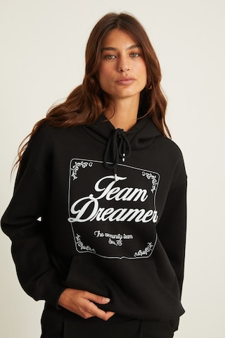 Grimelange Sabine Kadın Baskı Detaylı İçi Polarlı Kapüşonlu Kanguru Cepli Relaxed Fit Siyah Sweatshirt