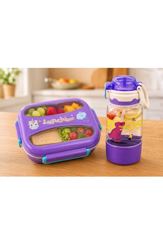 Muzeko Suluklu 2 Bölmeli Paslanmaz Çelik Yemek Kabı Sızdırmaz Kapaklı, Taşınabilir Beslenme Kabı Çatal Kaşık Hediye Krem 2081 1000+550ml Açık Mor