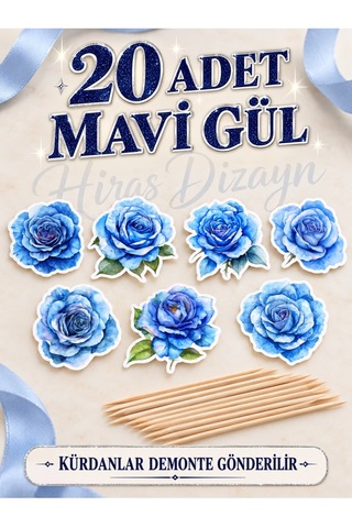Hiras Dizayn Mavi Gül Kürdanlı Süs Seti 20 Adet Cupcake Pasta Sunum