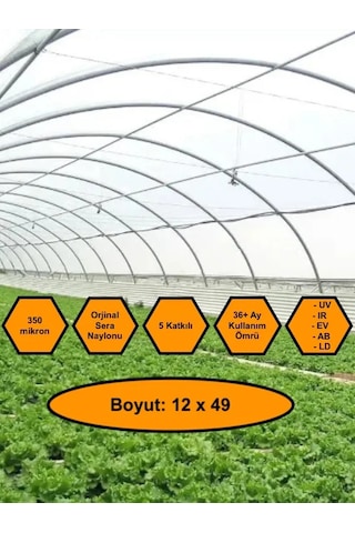 Sera Naylonu, 36 Aylık, 5 Katkılı, 350 Micron 12x49 Şeffaf Sera Örtüsü, Uv Dayanımlı, Ir, Ev, Ab, Ld