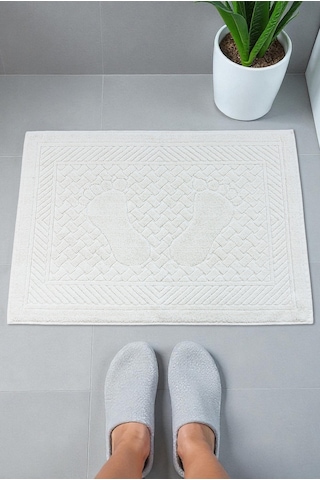 Ayak İzi Desenli 2li Ayak Havlusu - 50x70 Cm - Su Emici Banyo Paspası Seti - Beyaz Beyaz