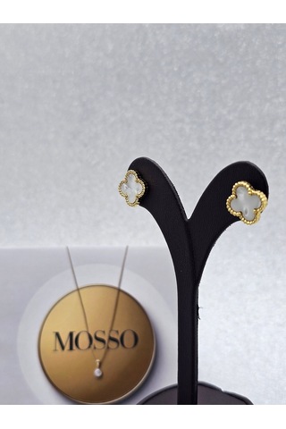 Beyaz Gold Renk Çelik Küpe Yoncalı Model Beyaz