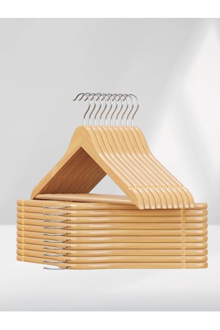 Ahşap Elbise Askısı Ve Pantolon Askısı 10'lu Set Doğal Renk Tam Vernikli