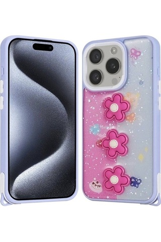 Apple Uyumlu iPhone 15 Pro Kılıf Parlayan Simli Kabartma Figürlü Zore Cevze Kapak Mor Papatya