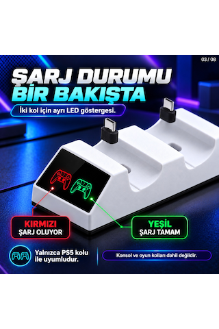 Dexxony Tp5-0508b Ps5 Uyumlu Çift Oyun Kolu Şarj İstasyonu Led Göstergeli Type-c Beyaz