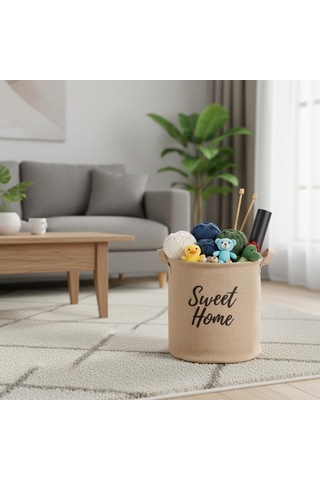 Lexroo "sweet Home" Yuvarlak Jüt Düzenleyici Sepet Krem Renk Katlanabilir Kumaş Kulplu Organizer