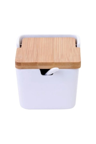 Bambu Kapaklı Porselen Kaşıklı Tuz Kabı Düz 1 Adet 250 Ml 9 9 8,6 Cm Gnl Kahverengi - Şeffaf