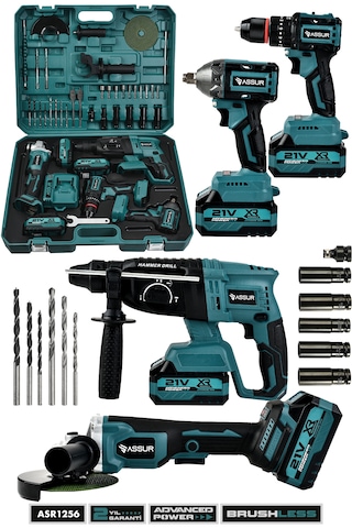 Assur ASR1256 21V 4'lü Set Taşlama + Somun Sıkma Sökme + Akülü Vidalama + Kırıcı Delici Hilti Mavi