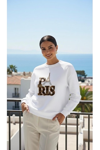 Taş Detaylı Eyfel Ve Paris Yazılı Oversize Sweatshirt Beyaz