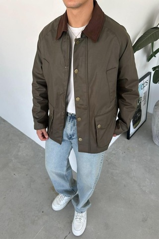 Haki Waxed Çıt Çıt Cep Detay Oversize Ceket Haki