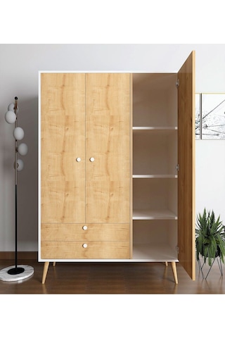 Floradesign Riva Elbise Dolabı Üç Kapaklı Çekmeceli Dolap Gardırop /meşe/ Beyaz Meşe / Beyaz
