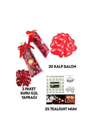 600 Kuru Gül Yaprağı,20 Kalp Balon,25 Beyaz Mum Romantik Hediye 1