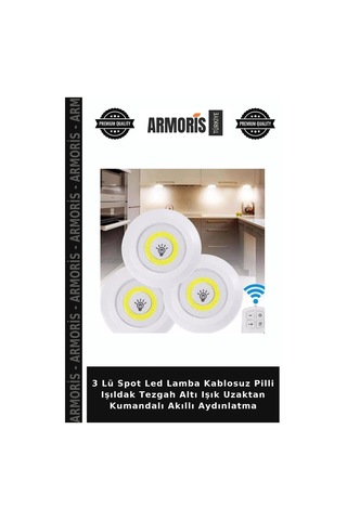 3 Lü Spot Led Lamba Kablosuz Pilli Işıldak Tezgah Altı Işık Uzaktan Kumandalı Akıllı Aydınlatma Beyaz