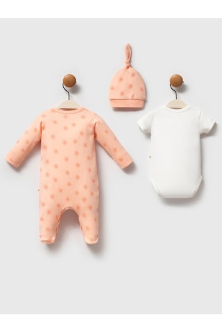 Moi Noi Baby Moi Noi 3lü Şapkalı Baskılı 0-3 Ay Tulum - Pudra Somon