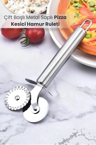 Çift Başlı Metal Saplı Pizza Kesici Hamur Ruleti Krom