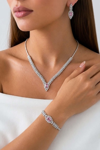 Gümüş Pazarım Prenses Serenadı Pembe Taşlı Gerdanlık Gümüş Set