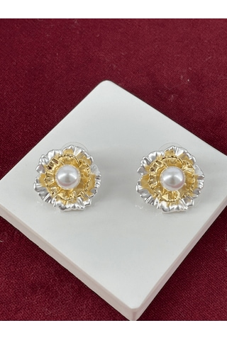 Beyaz Çiçekli İncili Gold Küpe Gold
