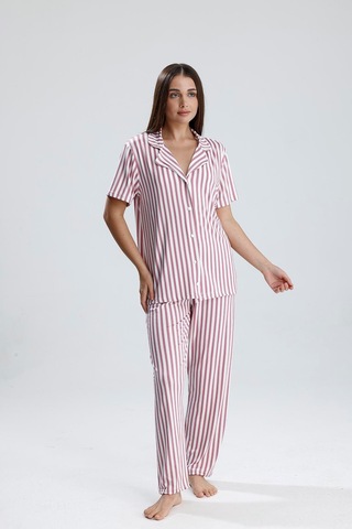 Kompedan Kadın Çizgili Önden Düğmeli Pijama Takım Mor Çzg Mor