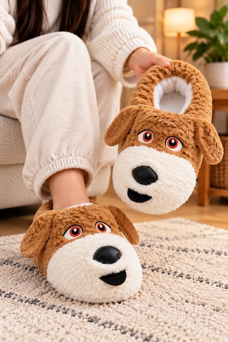 Modafocus Sevimli Köpek Figürlü Sessiz Kaydırmaz Taban Peluş Unisex Ev Pandufu Sevgili Kombin Terliği Kahverengi
