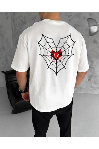 Novalisse Erkek Kısa Kol Tişört Bisiklet Yaka Örümcek Baskılı Oversize T-shirt - Beyaz Çoklu Renk