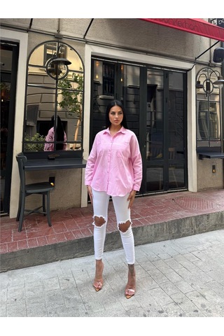 WeShaya Pembe Oversize Pamuk Karışımlı Cepli Gömlek Pembe