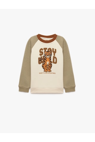 Koton Kaplan Baskılı Bisiklet Yaka Uzun Kollu Şardonlu Oversize Sweatshirt Ekru 7wmb10145tk
