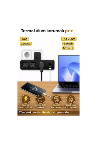 Termal Akım Korumalı 3 Priz / 3 Usb / 1 Typec 20w Girişli 2500w Duvar Tipi 3 Lü Priz