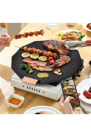 Xurunkeji Açık Hava Taşınabilir Kamp Altıgen Maifan Taş Yapışmaz Dumansız İndüksiyonlu Ocak Gazlı Çift Amaçlı Barbekü Plakası Siyah