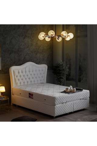 Setaymobilya Baza, Camelli Çift Kişilik Beyaz Baza + Başlık + Deluxe Yatak