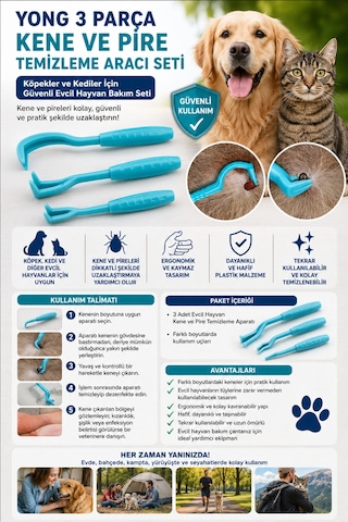 Yong 3 Parça Evcil Hayvan Kene Ve Pire Temizleme Aracı Seti Köpekler Ve Kediler İçin Kolay Kene Ve Pire Temizleme Aparatı Güvenli Evcil Hayvan Bakım Seti Mavi