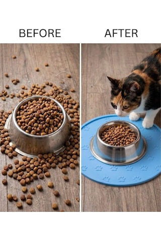 Silikon Mama Matı Kedi & Köpek İçin / Kaymaz, Yıkanabilir, Havuzlu Mama Altlığı Mavi