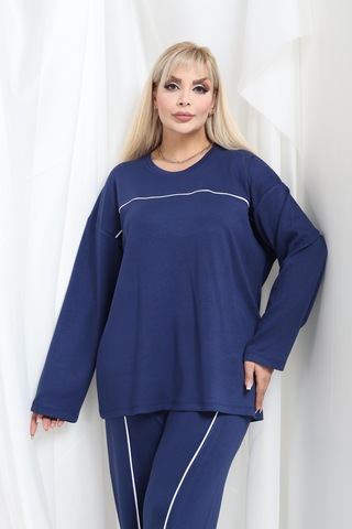 Biyeli Büyük Beden Oysho Tarzı Modal Kumaş Uzun Kollu Biyeli Rahat Günlük Takım Lacivert