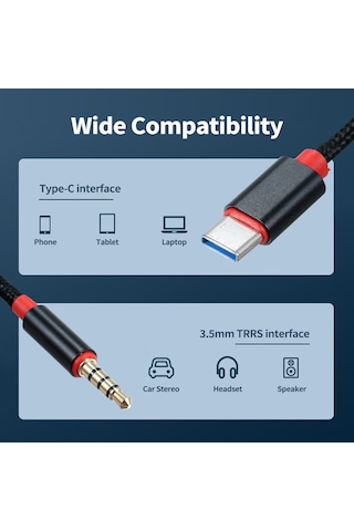 Ximistore9 Type-c'den 3.5mm'ye Aux Kablosu, 95cm Altın, Nylon Örgü, Hi-fi Ses, Araç Ve Hoparlör Bağlantısı