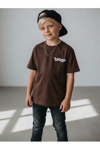 Zekids Erkek Çocuk Sırt Baskılı Tasarım T-shirt-16955 Kahverengi