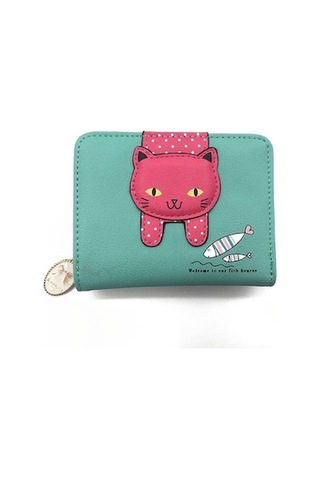 Kadınlar Sevimli Kedi Cüzdan Küçük Fermuarlı Cüzdan Pu Deri Bozuk Para Cüzdanı Kart Tutucu Yeşil Yeşil