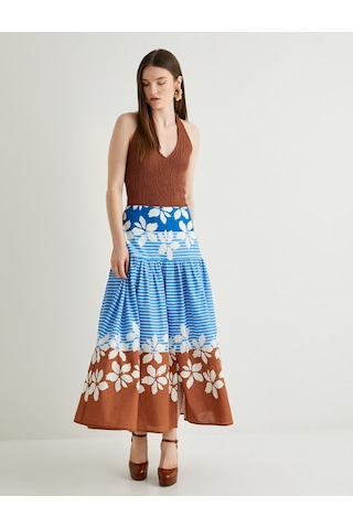 Koton Floral Midi Balon Etek A Kesim Çok Renkli Pamuklu Astarlı Mavi Desenli 4sak70092ew Mavi Desenli Mavi