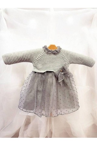 Cantoy Kız Bebek Triko Tüllü Şık Elbise-15380 Gri