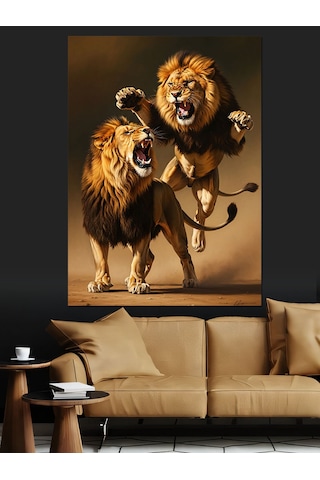 Ahşap Tablo Kavga Eden İki Aslan Resmi