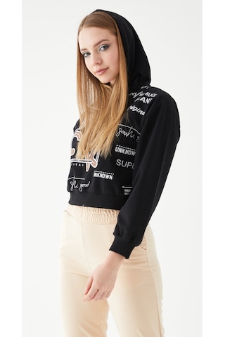 Siyah Baskılı Kapüşonlu Sweatshirt-l Siyah
