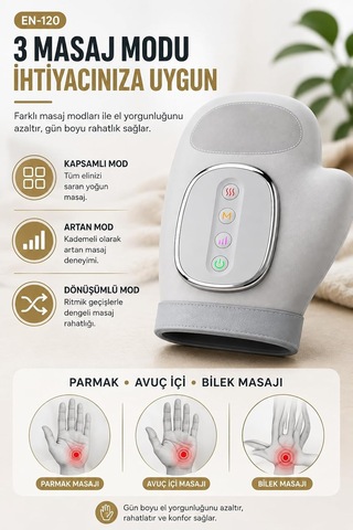 Elektrikli El Masaj Aleti Isıtmalı, 3 Masaj Modu 5 Yoğunluk Seviyesi, 3 Kademe Isıtma, 2000 Mah Şarjlı, Parmak Avu