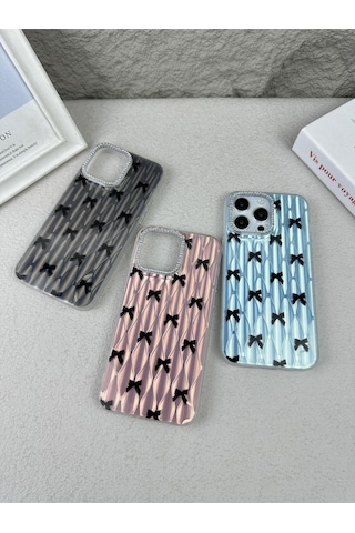 Apple Uyumlu iPhone 14 Pro Taşlı Fiyonk Desenli Sararmaz Sert Mika Premium Kalite Telefon Kılıf Arka Kapak Kahverengi