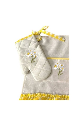 Sarı Pötikare Papatya Nakışlı, Fırfırlı, Buldan Keten Fırın Önlüğ