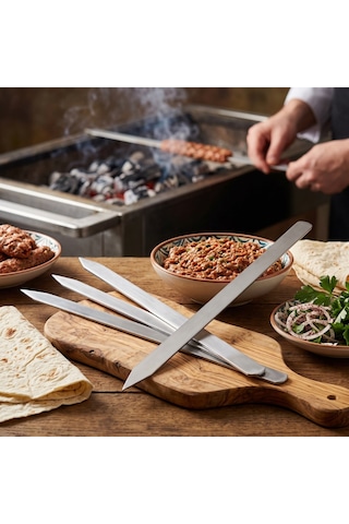 Profesyonel Adana Kebap Şişi - 60 Cm - Yassı Metal - Mangal Ekipm Çok Renkli