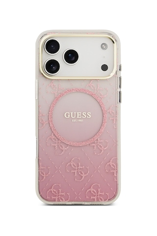 Apple Uyumlu iPhone 17 Pro Max Kılıf Guess Lisanslı M-safe Özellikli 4g Desenli Simli Silikon Kapak Pembe Pembe